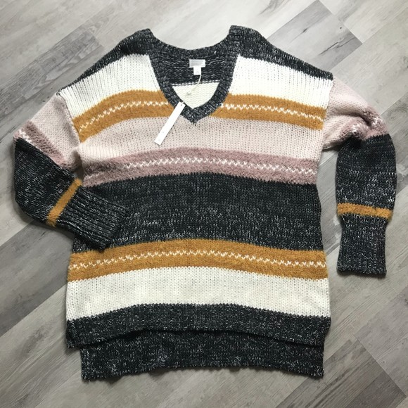 NWT Caslon V-Neck Mixed Texture Grey/Dusty Rose/Mustard/Cream 2XL - Picture 1 of 9